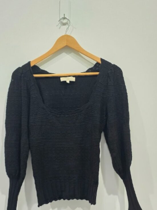 Tops - Sézane Black Jacob Jumper Crochet Knit Square Neck Puff Sleeve Sweater XS